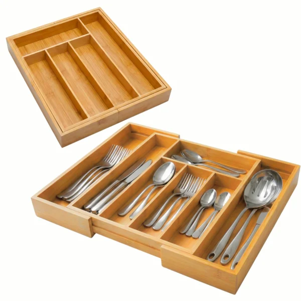Porta Talheres Extensível de Bambu Organizador de Gaveta para Cozinha Ecoeden